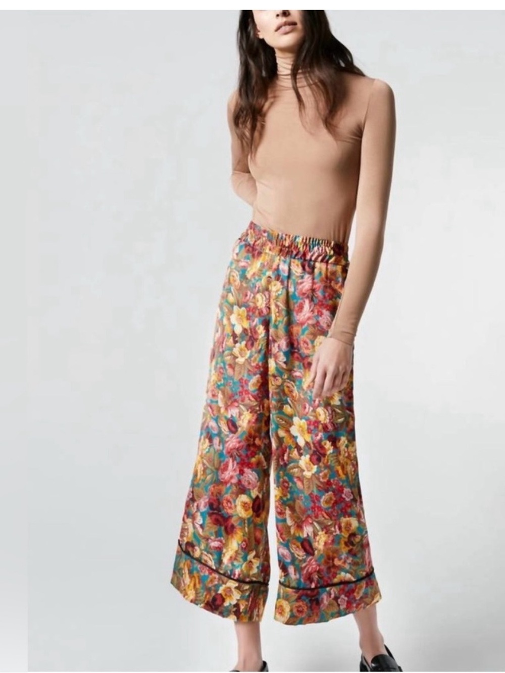 SMYTHE Palazzo Floral Wide-Leg Cropped Pants with Pockets- S